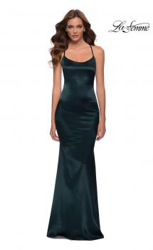 Picture of: Chic Stretch Satin Gown with Scoop Neck and Open Back in Emerald, Style 29858, Main Picture