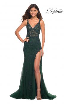 Picture of: Lace Dress with High Side Slit and V Neckline in Emerald, Main Picture