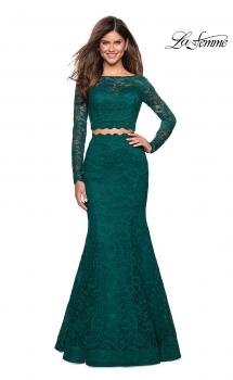 Picture of: Stretch Lace Long Sleeve Two Piece Prom Dress in Forest Green, Style: 27601, Main Picture