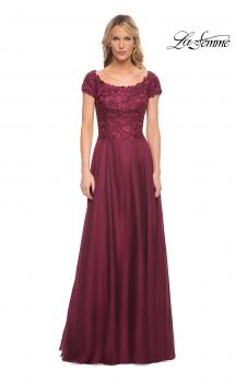 Picture of: Short Sleeve Chiffon Dress with Lace Bodice in Garnet, Style: 26550, Main Picture