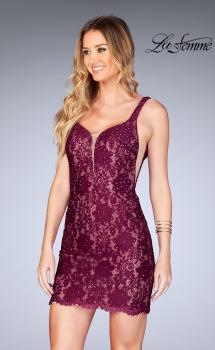 Picture of: Deep V Short Lace Dress with Illusion Sheet Sides in Garnet, Style: 25025, Main Picture