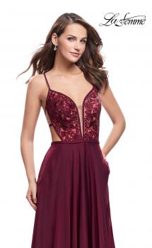 Picture of: A-Line Dress with Embroidered Lace Top and Pockets in Garnet, Style: 26243, Main Picture