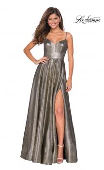 Picture of: Metallic A-line Prom Gown with Side Leg Slit in Gold Black, Style: 27619, Main Picture