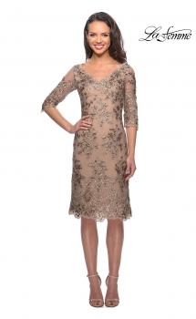 Picture of: Short Lace Dress with V Neck and 3/4 Sleeves in Gold Nude, Style: 26871, Main Picture