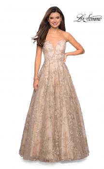 Picture of: Strapless A-Line Embroidered Prom Dress in Gold/Nude, Style: 27640, Main Picture