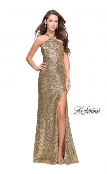 Picture of: Long Sequin Halter Prom Dress with Strappy Back and Slit in Gold, Style: 25418, Main Picture