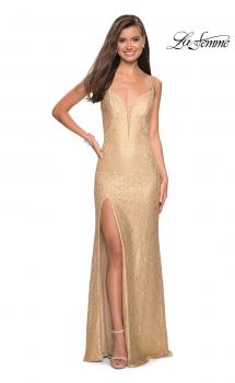 Picture of: Gold Stretch Lace Prom Dress with Strappy Back and Slit in Gold, Style: 27725, Main Picture
