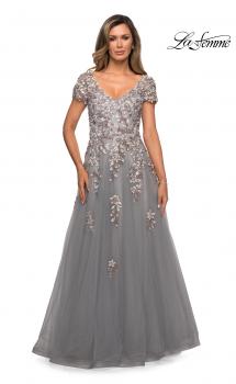 Picture of: Short Sleeve A-line Gown with Beaded Lace Appliques in Gray, Style: 27968, Main Picture