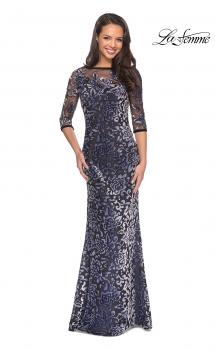 Picture of: Velvet Dress with 3/4 Sleeves and Sheer Neckline in Gunmetal, Style: 25521, Main Picture