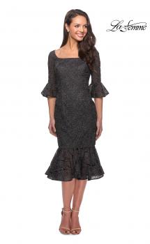 Picture of: Knee Length Lace Dress with Flared 3/4 Sleeves in Gunmetal, Style: 25523, Main Picture