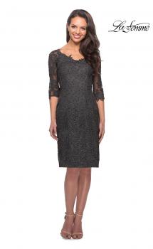 Picture of: 3/4 Sleeve Lace Tea Length Dress with Soft V-Neck in Gunmetal, Style: 25525, Main Picture