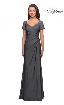Picture of: Short Sleeve Floor Length Gown with Ruching in Gunmetal, Style: 27855, Main Picture
