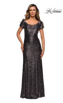 Picture of: Long Sequin Evening Dress with Cap Sleeves in Gunmetal, Style: 27916, Main Picture