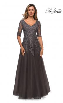 Picture of: Long A-line Dress with Lace Bodice and V-neck in Gunmetal, Style: 27993, Main Picture