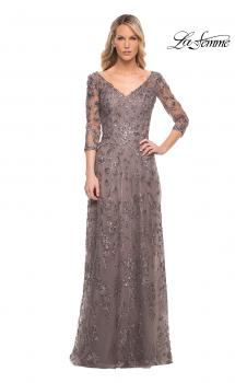 Picture of: Beaded Lace Gown with V Neckline and Sheer Sleeves in Silver, Style: 29994, Main Picture