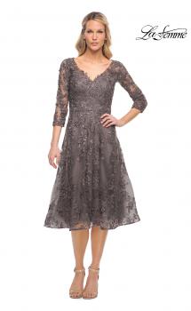 Picture of: Tea Length Lace Evening Dress with Sleeves in Silver, Style: 30268, Main Picture
