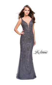 Picture of: Form Fitting Prom Dress with Metallic Beading and V Neck in Gunmetal, Style: 26054, Main Picture