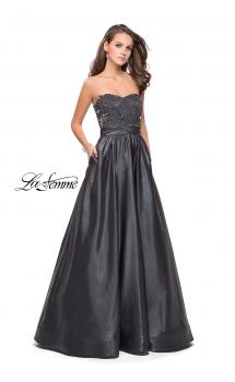 Picture of: Metallic Lace Satin A-line Gown with Pockets in Gunmetal, Style: 26151, Main Picture