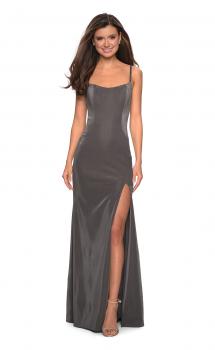 Picture of: Simple Long Prom Dress with Strappy Beaded Back in Gunmetal, Style: 27089, Main Picture