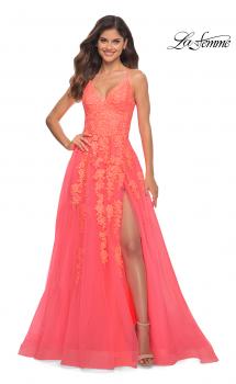 Picture of: Tulle Prom Dress with Lace Detail in Hot Coral in Orange, Style: 30637, Main Picture