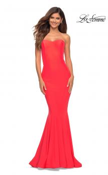 Picture of: Fitted Long Chic Strapless Jersey Gown in Coral in Hot Coral, Main Picture