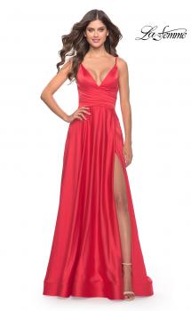 Picture of: A-Line Satin Gown with Ruched Bodice and V Neck in Neon in Hot Coral, Style: 31121, Main Picture