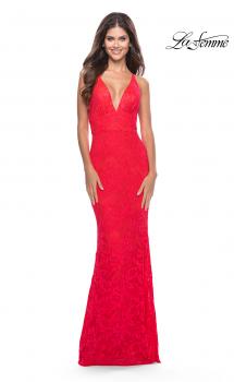 Picture of: Fitted Stretch Lace Prom Dress with Banded Waist in Neon in Hot Coral, Style: 31417, Main Picture