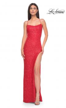 Picture of: Simple Stretch Sequin Gown with High Circle Slit in Bright Colors in Hot Coral, Style: 31432, Main Picture