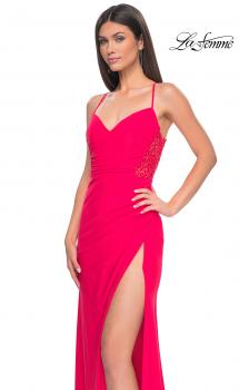 Picture of: Sheer Lace Side Panel Jersey Long Dress in Hot Coral in Hot Coral, Style: 31440, Main Picture