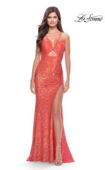 Picture of: Sequin Long Dress with Triangle Cut Out in Hot Coral in Hot Coral, Style: 31449, Main Picture