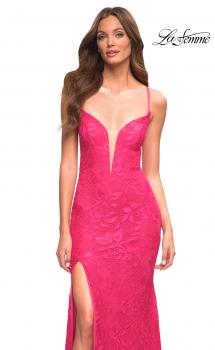 Picture of: Hot Pink Stretch Lace Prom Dress with Deep V Neckline in Pink, Style: 30686, Main Picture