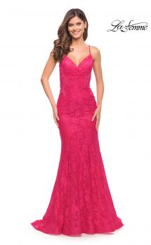 Picture of: Lace Gown with Sheer Lace Applique Side Panels in Hot Pink in Hot Pink, Style: 30690, Main Picture