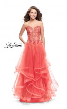 Picture of: Strapless Ruffle Tulle Ball Gown with Beaded Lace Bodice in Hot Coral, Style: 25515, Main Picture