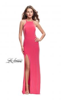 Picture of: Long Jersey Prom Dress with Strappy Open Back in Hot Coral, Style: 25736, Main Picture