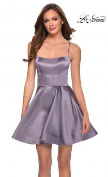 Picture of: Satin Fit and Flare Short Dress with Lace Up Open Back in Lavender Gray, Style: 29342, Main Picture