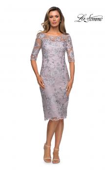 Picture of: Tea Length Lace Gown with Three Quarter Sleeves in Lavender Gray, Style: 27895, Main Picture