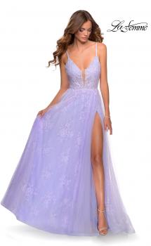 Picture of: Floral Lace A-line Prom Gown with Tulle Overlay in Lavender, Style: 28387, Main Picture