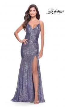 Picture of: Long Sequin Gown with Dramatic Flare Skirt and Slit in Bright Colors in Lavender, Style: 31431, Main Picture