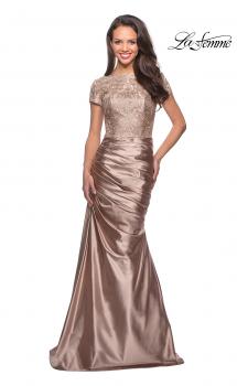 Picture of: Long Gown with Short Sleeve Lace Bodice and Ruching in Light Gold, Style: 26404, Main Picture