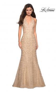 Picture of: Metallic Lace Halter Long Prom Dress with Open Back in Light Gold, Style: 27228, Main Picture