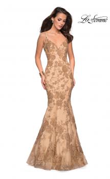 Picture of: Long Gold Prom Dress with Sequin Floral Design in Light Gold, Style: 27285