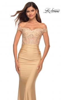 Picture of: Off the Shoulder Jersey Dress with Illusion Lace Top in Light Gold, Main Picture