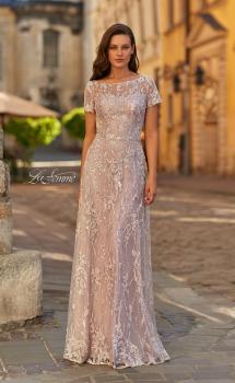 Pink Picture of: Short Sleeve Embroidered A-Line Gown with Illusion Neckline in Light Mauve, Style: 31838, Main Picture
