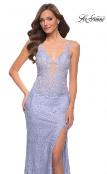 Picture of: Fitted Stretch Lace Gown with Deep V and Beading in Light Periwinkle, Style 29977, Main Picture