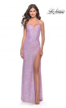 Picture of: Sequin Prom Dress with Ruching and Open Tie Back in Light Periwinkle, Style: 31349, Main Picture