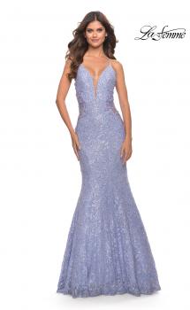 Picture of: Mermaid Beaded Lace Prom Dress with Illusion Sides in Light Periwinkle, Style: 31354, Main Picture