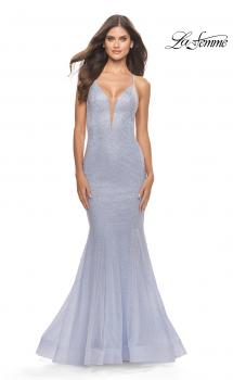 Picture of: Mermaid Rhinestone Tulle Gown with Open Back in Neon in Light Periwinkle, Style: 31407, Main Picture