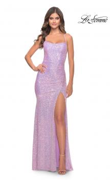 Picture of: Lace Up Back Sequin Gown with Flare Skirt in Bright Colors in Light Periwinkle, Style: 31509, Main Picture