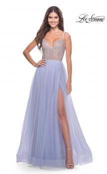 Picture of: Sheer Rhinestone Bodice A-Line Tulle Gown in Light Periwinkle, Style: 31578, Main Picture