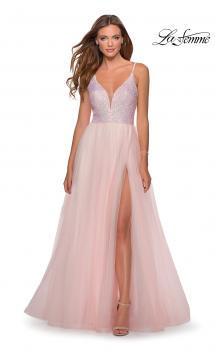 Picture of: Tulle and Sequin A Line Long Dress with Slit in Light Pink, Style: 28464, Main Picture